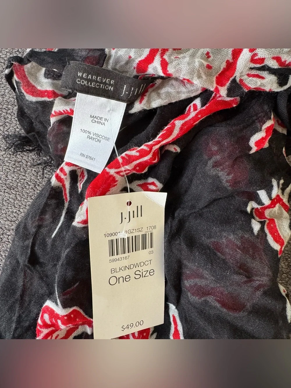 J Jill Wearever Collection Red Black Floral Scarf Botanical Feminine NWT
